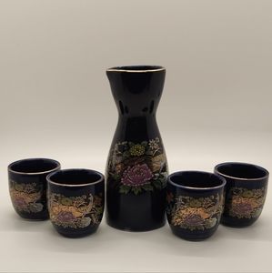 Vintage 5 pc Asahi Japanese Sake Set Blue W/ Peacocks, Floral, and Gold Trim